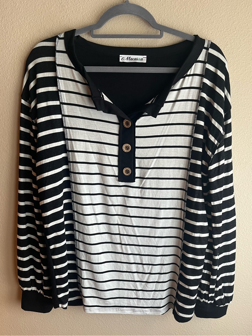 MACARON Black and White Striped Button-Front Long Sleeve Top